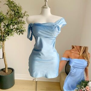 Beginning Boutique Blue Satin Off Shoulder Mini Dress XS